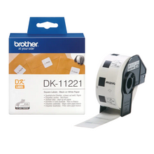 Rouleau d'étiquettes Brother original – Noir sur blanc, 23 x 23 mm - DK-11221. Ces étiquettes de taille standard peuvent être utilisées pour les logos, les codes-barres, les badges visiteurs ou les informations relatives aux expéditions. QL-700, QL-1100, QL-600B, QL-800, QL-810W, QL-820NWB, QL-1110NWB, QL-820NWBVM, QL-1050, QL-1060N