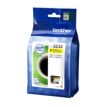 Cartouche d'encre d'origine Brother jaune - LC3233Y - Pack individuel. Imprime jusqu'à 1500 pages. Imprimantes compatibles : Brother DCP-J1100DW, MFC-J1300DW.